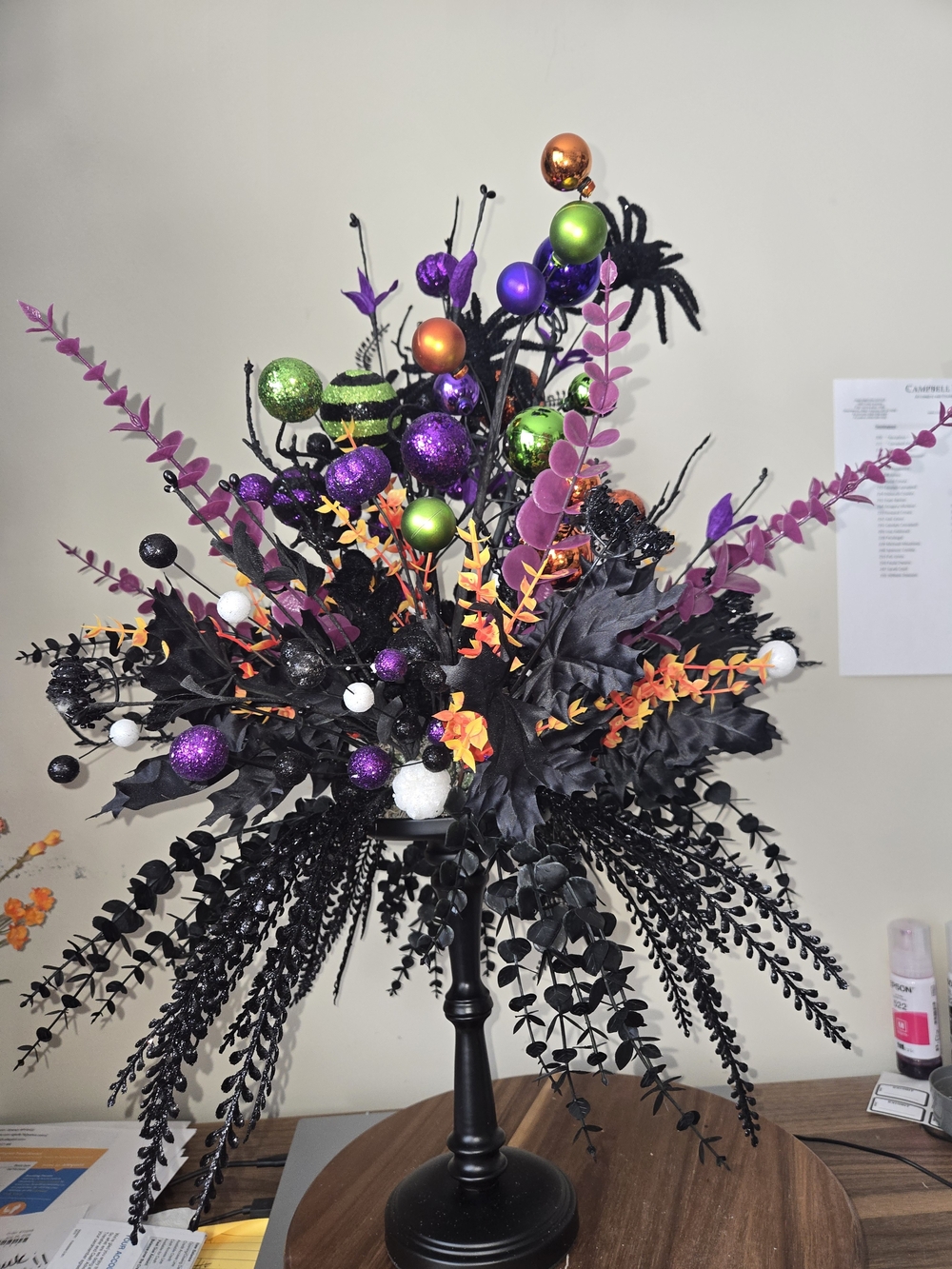 Halloween Faux Floral Centerpiece in Black with Purple, Green & Orange Accents